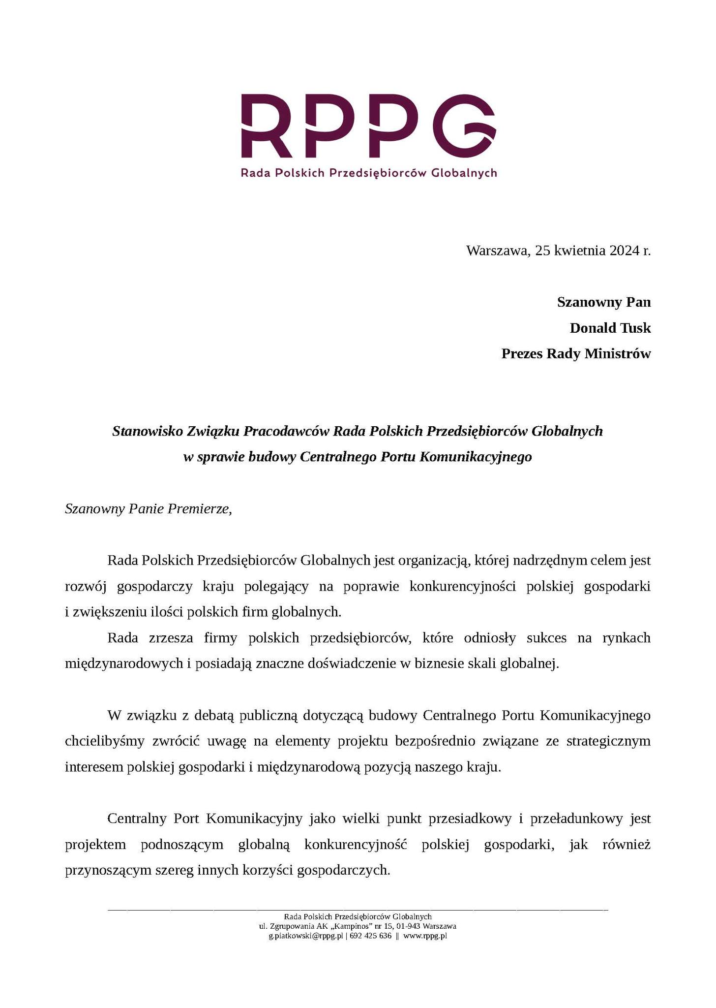 Stanowisko RPPG w przedmiocie budowy Centralnego Portu Komunikacyjnego z dnia 25 kwietnia 2024 r.